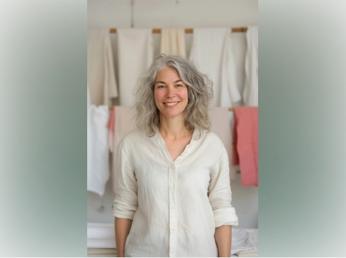 Smiling woman with wavy gray hair wearing a white shirt.