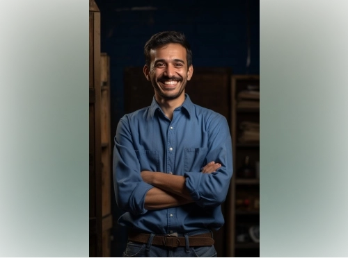 Smiling man with black hair and mustache wearing a dark-blue shirt with white buttons.