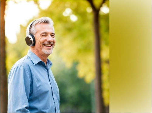 Smiling middle-aged man with gray hair wearing a blue shirt and headphones.