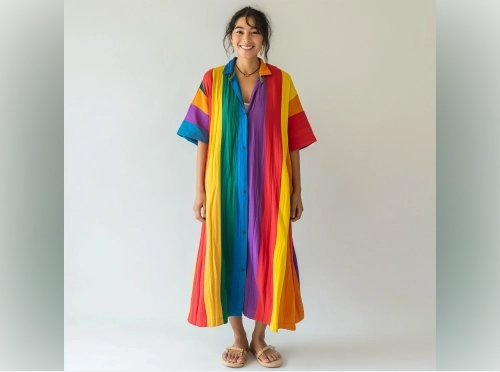 Smiling woman with wavy black hair wearing a colorful dress and sandals.